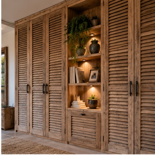 Ingebouwde kast met oude houten deurlamellen